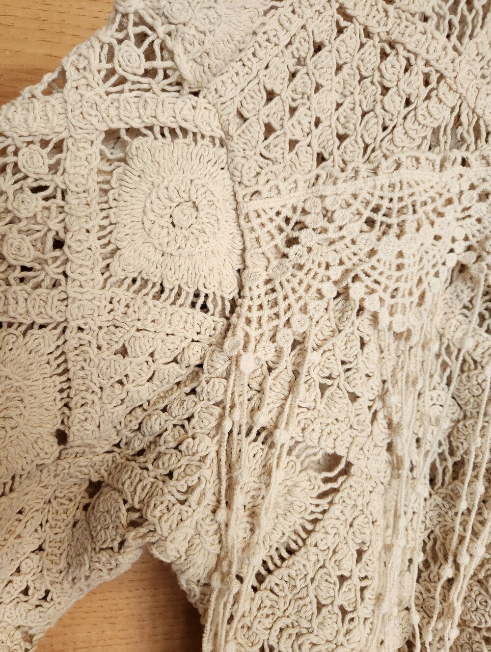 MISS ME CROCHET LACE FRINGE BOHO WESTERN FESTIVAL CREAM SHACKET CARDIGAN LARGE - Picture 13 of 16